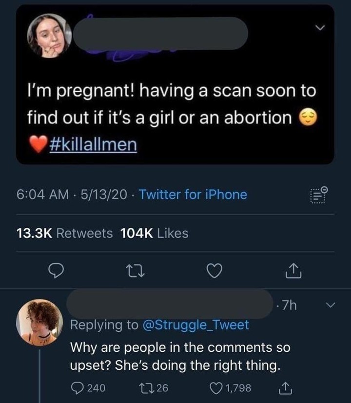 Traduzione:
"Sono incinta! Farò a breve un controllo per capire se è femmina o se è un aborto. #uccidituttigliuomini".
Commento: "Perché le persone nei commenti sono così arrabbiate? Sta facendo la cosa giusta".