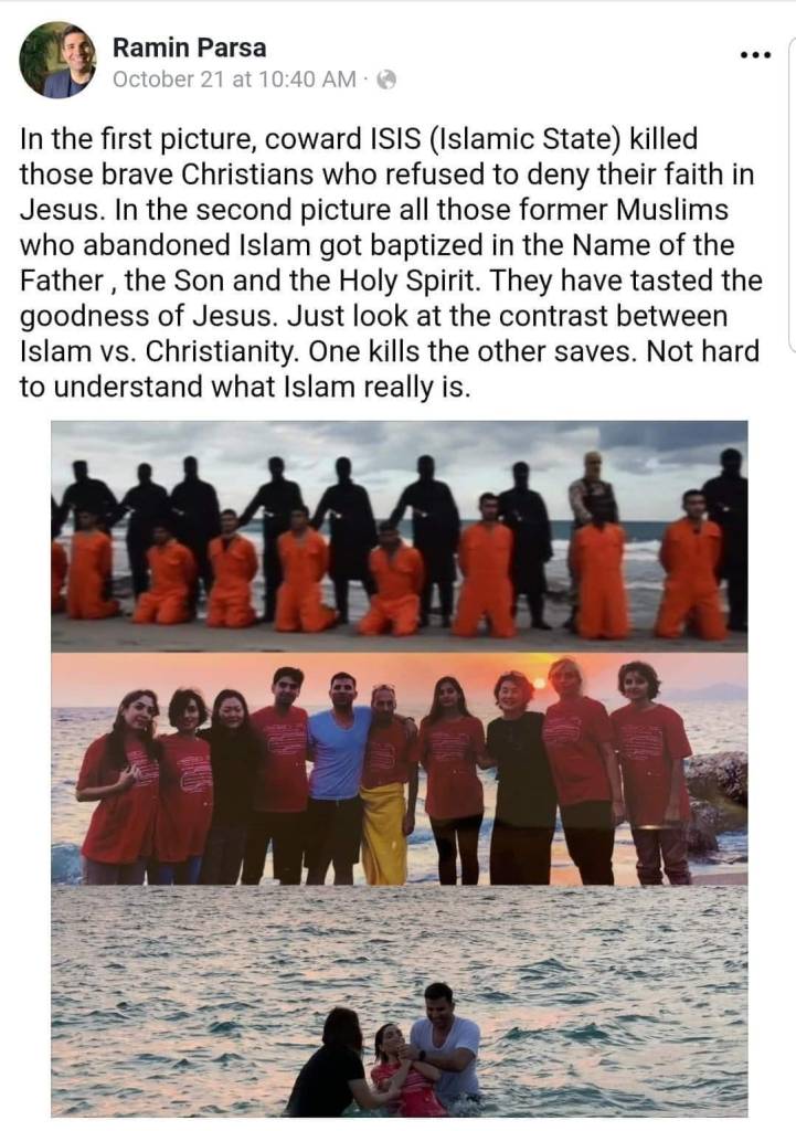 In the first picture, coward ISIS (Islamic State) killed those brave Christians who refused to deny their faith in Jesus. 
In the second picture all those former Muslims who abandoned Islam got baptized in the Name of the Father , the Son and the Holy Spirit. They have tasted the goodness of Jesus. Just look at the contrast between Islam vs. Christianity. One kills the other saves. Not hard to understand what Islam really is.
